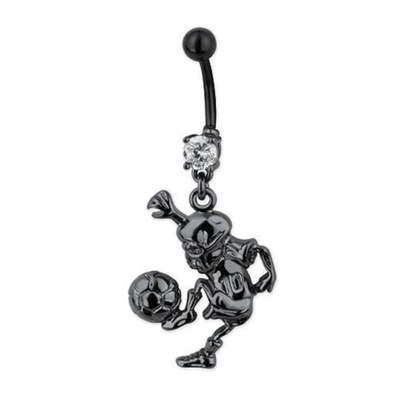 Stainless Steel Black PVD Belly Ring with Dangling Soccer Player