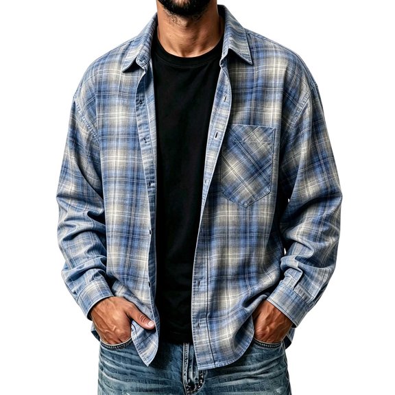 Cmfcve Men's and Big Men's Plaid Long Sleeve Button up Shirt Loose Fit Casual Fall Turn‑Down Collar Shirts with Chest Pocket