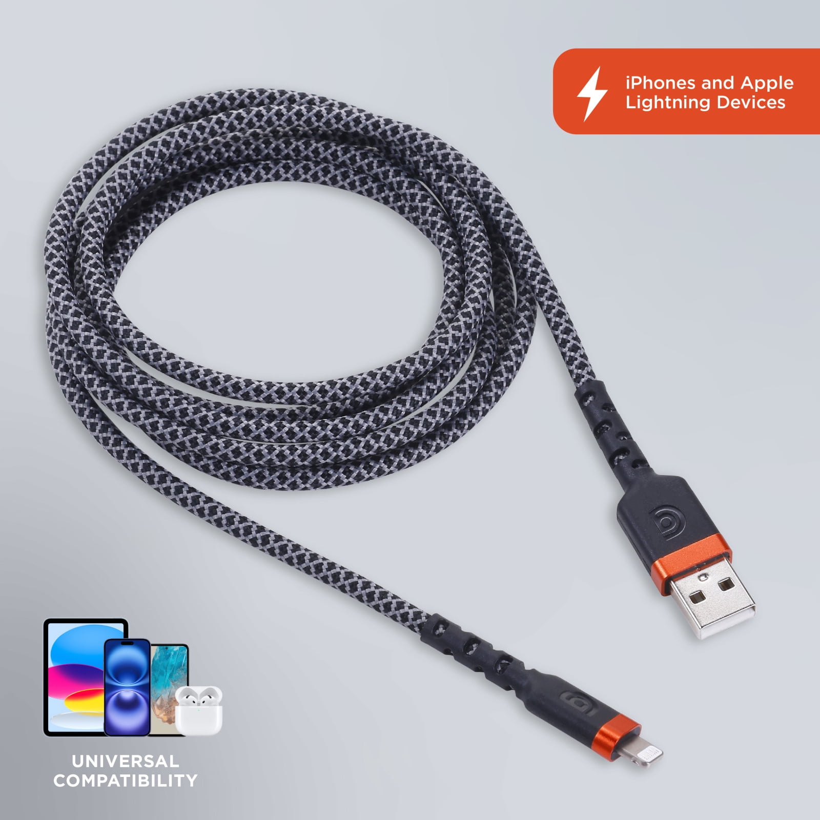 Griffin Ultra Durable 6FT Lightning to USB-A Charge & Sync Cable with Velcro Strap for iPhone, iPad, iPod, Fast Charging, Durable Nylon Braided, Apple Lightning Cable