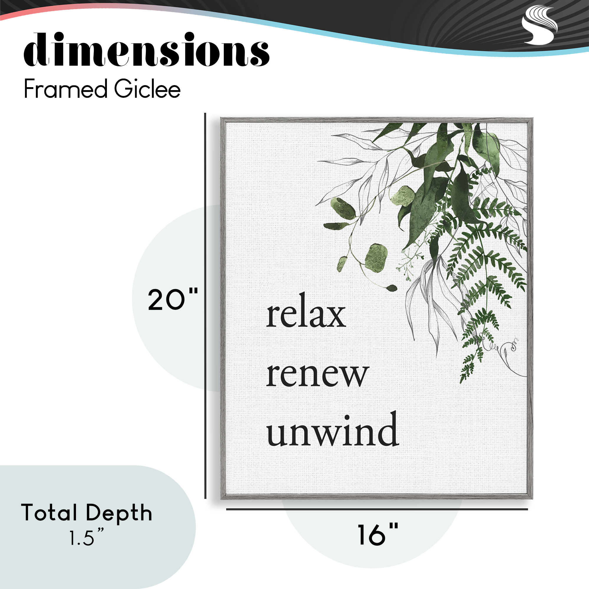 Relax Renew Unwind with Foliage Gray Framed Giclee Art, design by Lettered and Lined