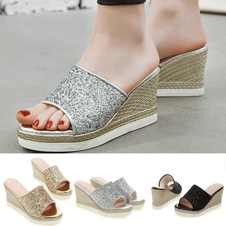 

Tangnade Womens Slippers Crystal Sandals For Wedges Shoes Female Open Toe Flip Flops Beach Slippers