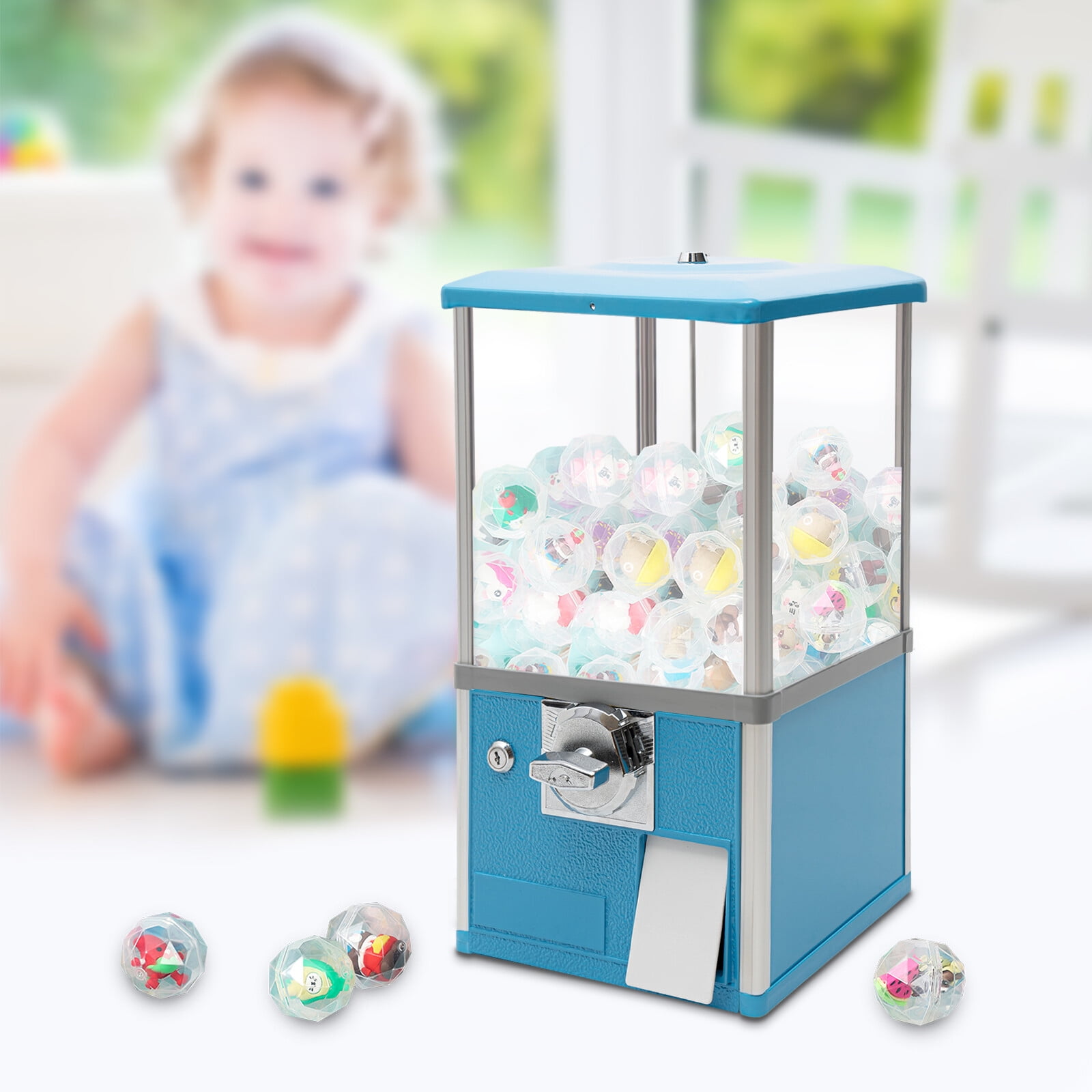 25-Cent Gumball Machine 20" H Vending Coin Bank Vintage Gumballs Dispenser Blue  Coin Bank Capacity 800 Coins 11.42*10.24*20.87 in for Game Stores, Retail Stores, and Amusement Parks