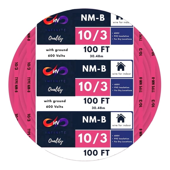 10/3 NM-B Copper Electrical Wire 10 Gauge, 3 Conductors with Groun Non-Mettalic, Sheathed Cable, Residential Indoor Pink 100 FT