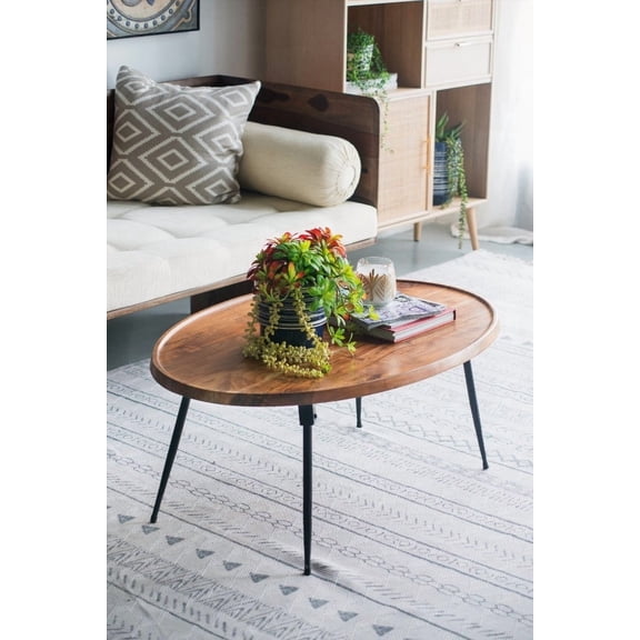 Oval Living Room Coffee Table with 80% Acacia Wood & 20% Iron, Space-Saving & Easy-Clean.