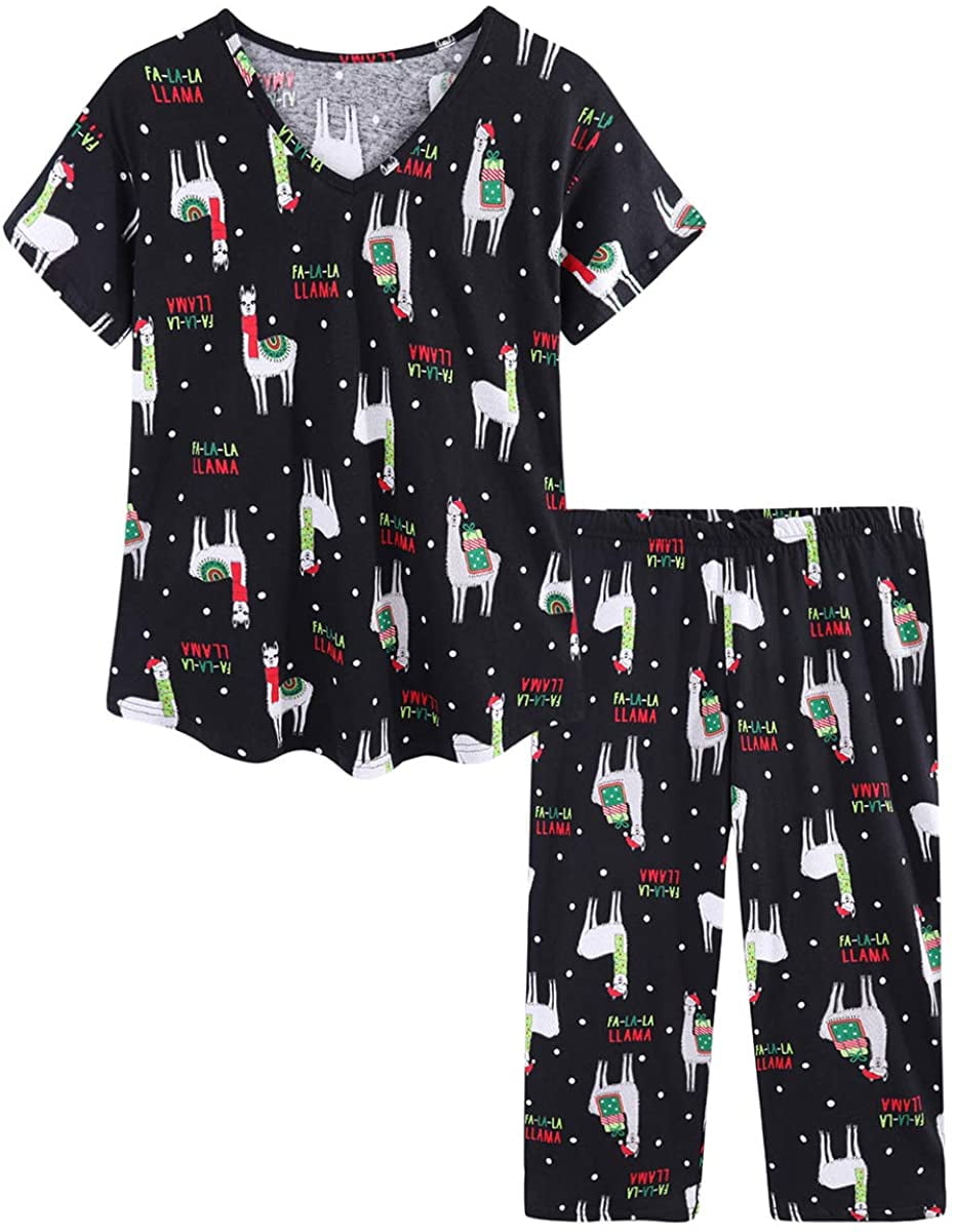Women Cotton Pajamas Set Short Sleeve Top Capri Pants Sleepwear Plus