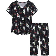 Women Cotton Pajamas Set Short Sleeve Top Capri Pants Sleepwear