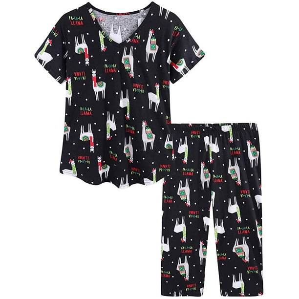 Ensemble Pyjama en Coton pour Femmes Pantalon Capri à Manches Courtes Vêtements de Nuit Plus Taille S-3XL
