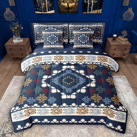 Feelyou Fashion Aztec Twin Bedding Sets 7pcs, Navy Damask Triangle Bedding Comforter Set