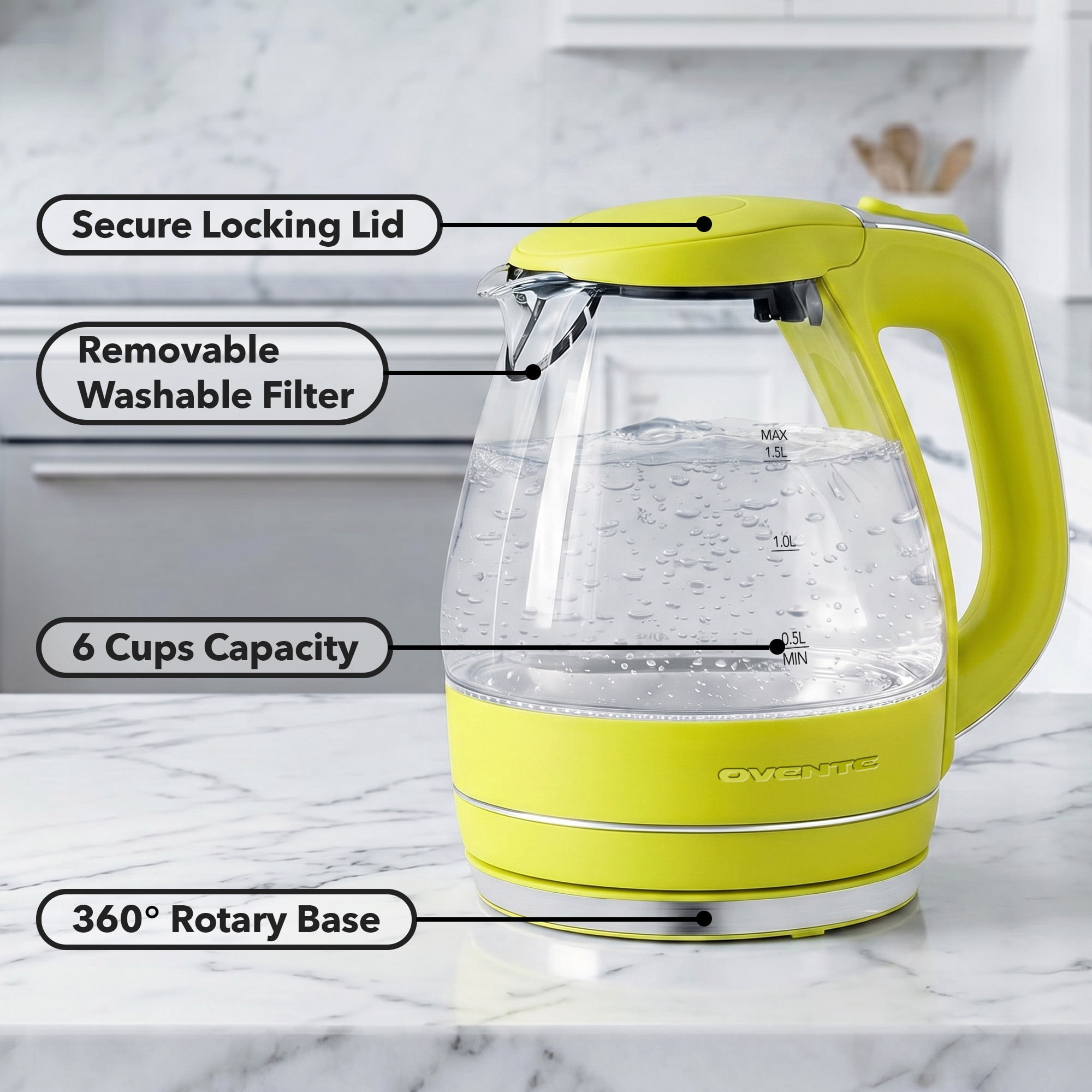 OVENTE 1.5L Glass Electric Kettle Water Boiler, Green KG83G | 1100W Fast Boiling, Borosilicate Glass, BPA-Free, Blue LED, Auto Shut-Off, Boil-Dry Protection, Removable Filter, 360° Base