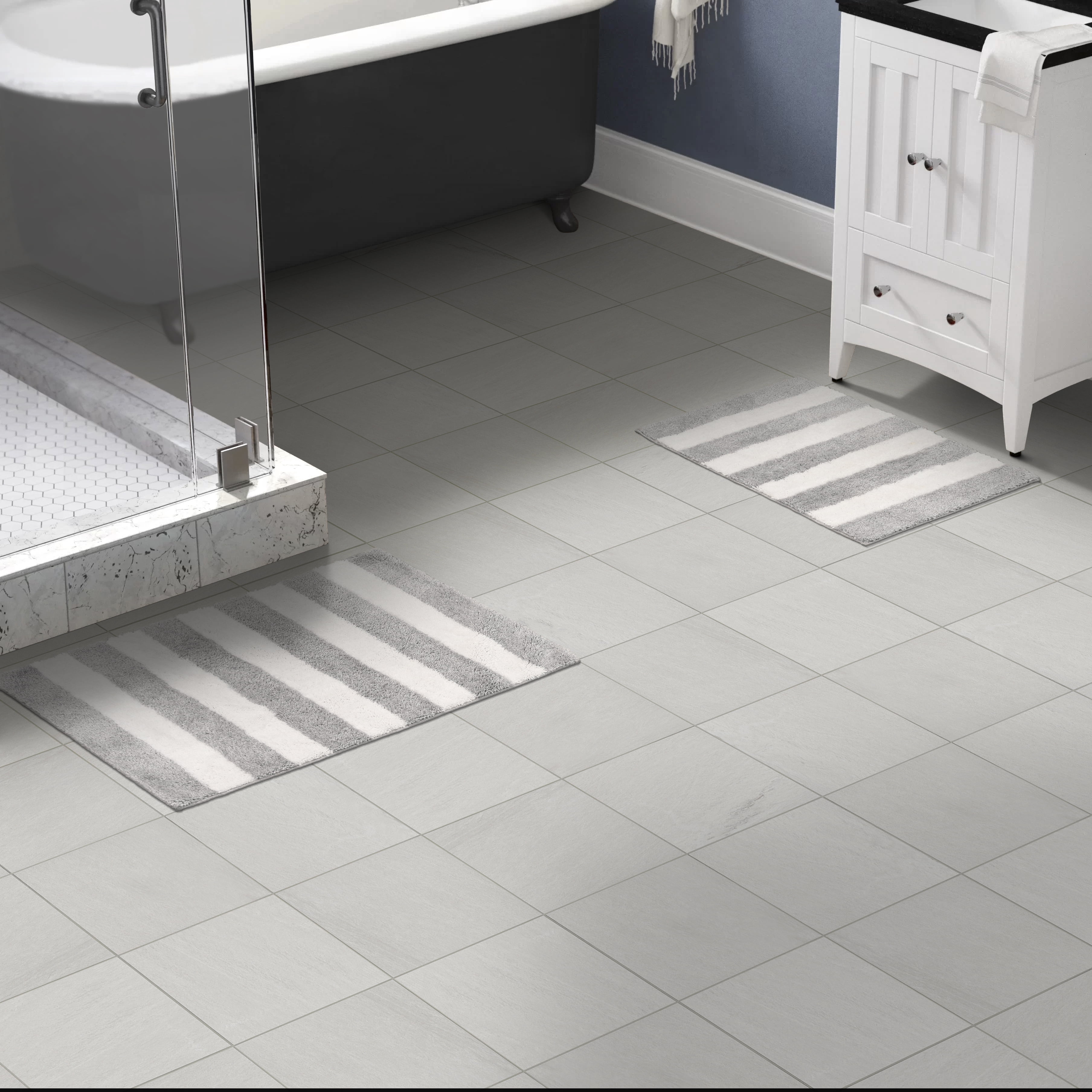 Garland Rug Beach Stripe Washable Bath Rug Set, 2 Piece Set (17"x24" Bath Rug, & 21"x34" Bath Rug) Platinum Gray/White