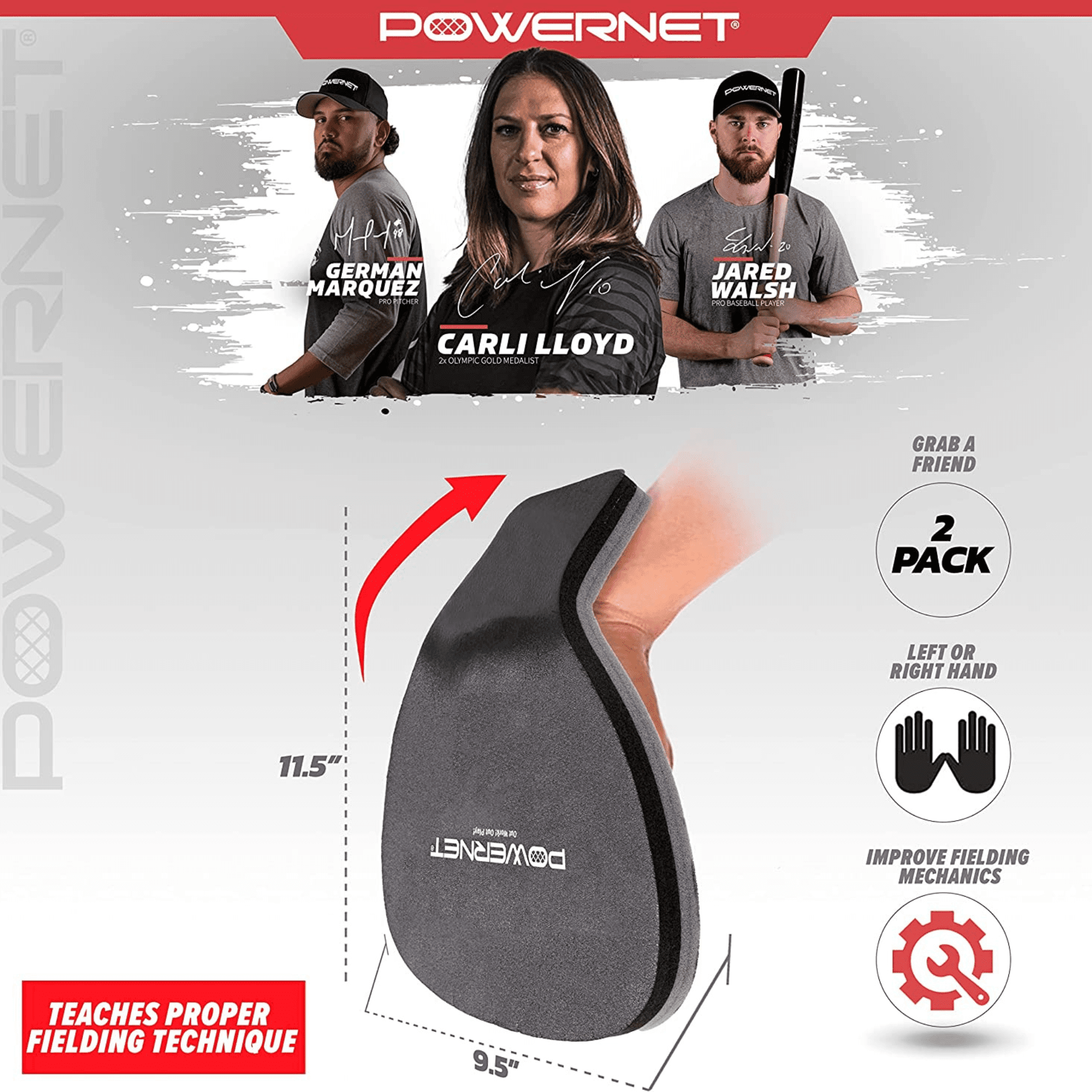 PowerNet Fielder Pro, Angled Wrist Soft Hands Softball Baseball Training Equipment, Baseball Practice Equipment for Fast Transition from Glove to Throwing Hand, Right & Left Hand Universal Fit, 2-PK