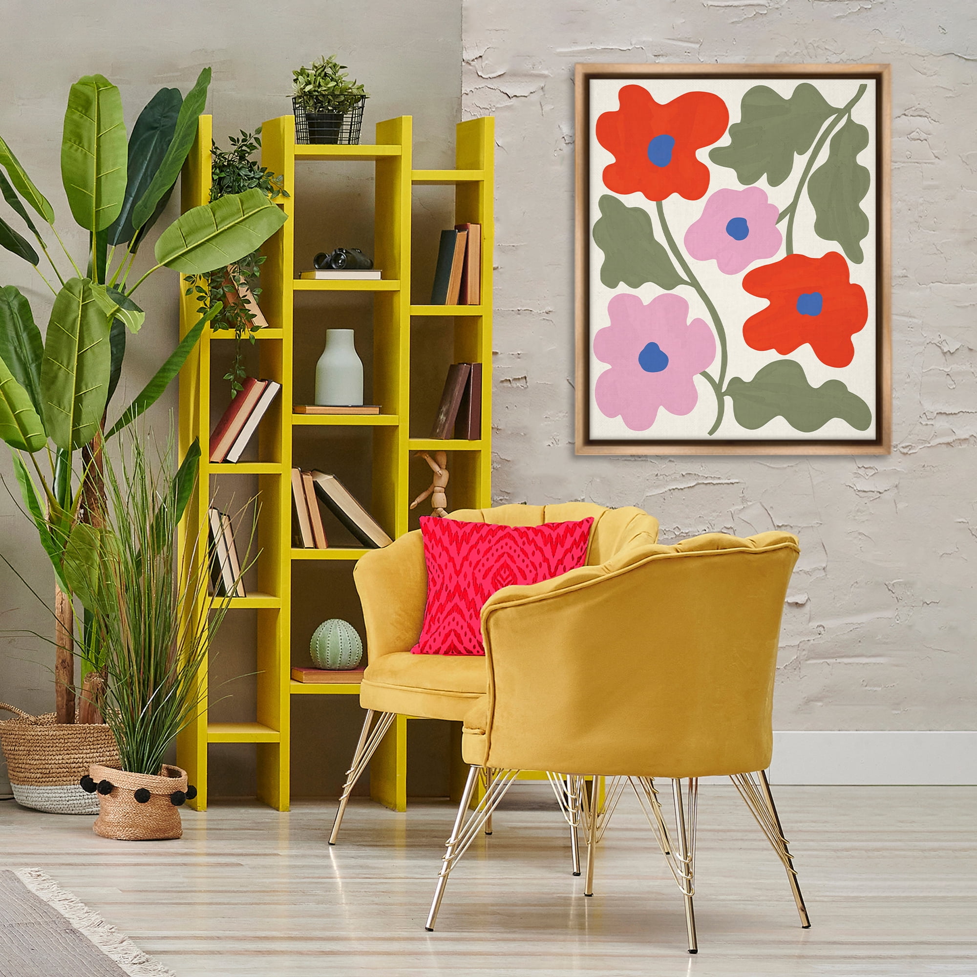 Stupell Industries Red & Pink Bold Flowers Plants & Flowers Painting Brown Floater Framed Canvas Art Print Wall Art, 25 x 31