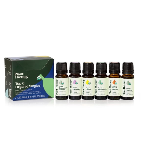 Plant Therapy Organic Essential Oil Set - Lavender, Peppermint, Eucalyptus, Lemon, Tea Tree, Orange, 100% Pure, USDA Organic, 10 mL