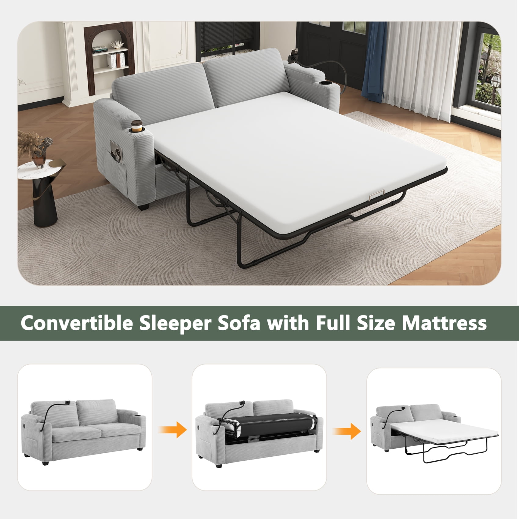 Harper & Bright Designs Corduroy Sleeper Sofa with Full Size Mattress, Convertible Pull-Out Sofa Bed with USB Charging Ports and Cup Holders & Phone Holder for Small Spaces Apartments, 72.8" Grey