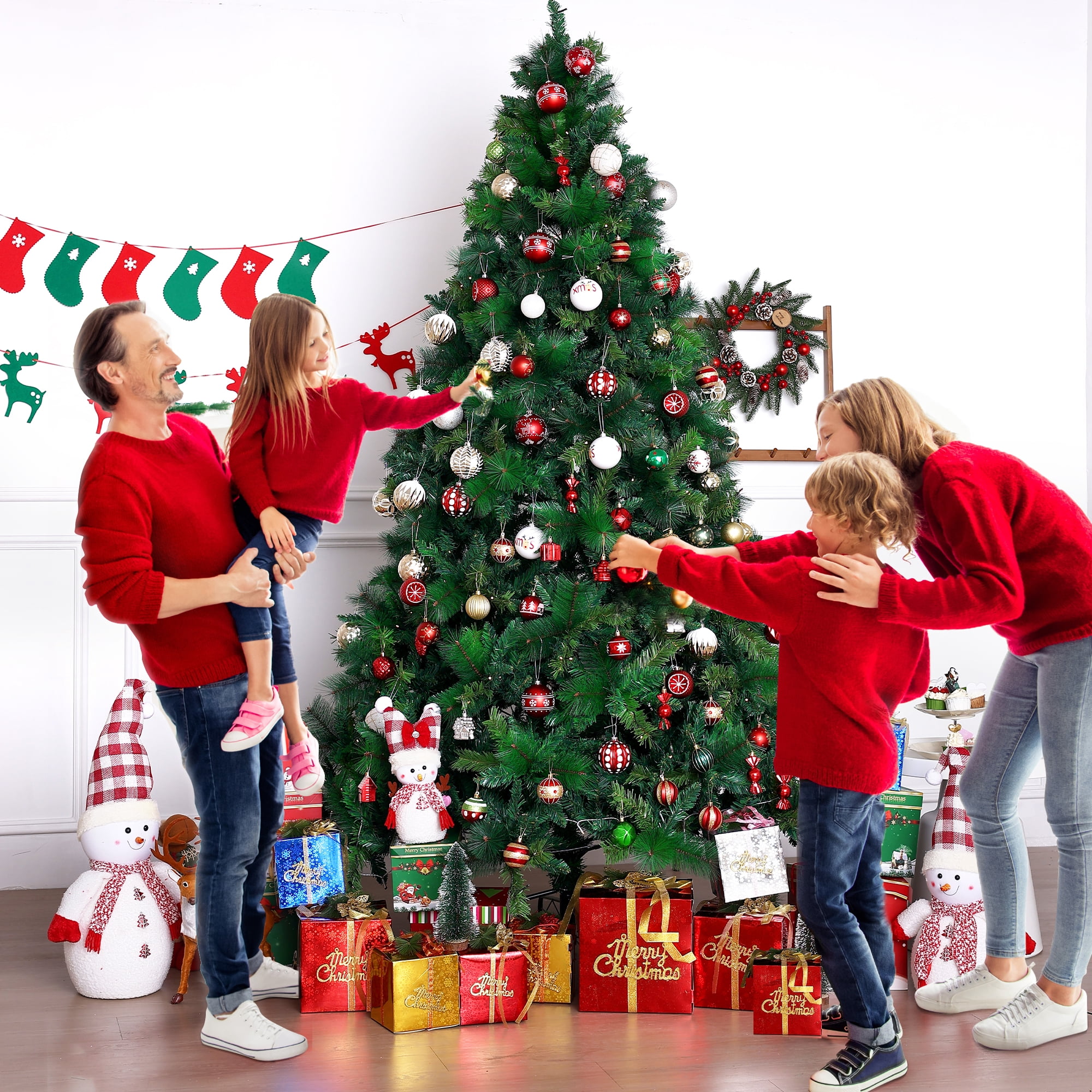Qunler 7ft Pre-lit Snow Flocked Artificial Christmas Tree with 300 Warm Lights 8 Modes, 700 PE+PVC Snowy Branches, White