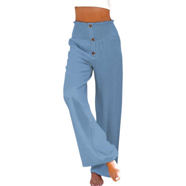 Pantalones palazzo de lino de cintura alta y pierna ancha para mujer, con cordón y bolsillos