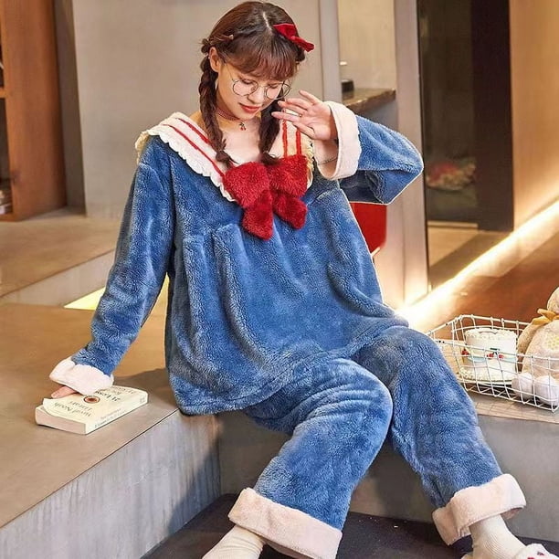 Pijama grueso con forro polar cálido de invierno para mujer, lindo cárdigan con solapa interior, ropa para el hogar