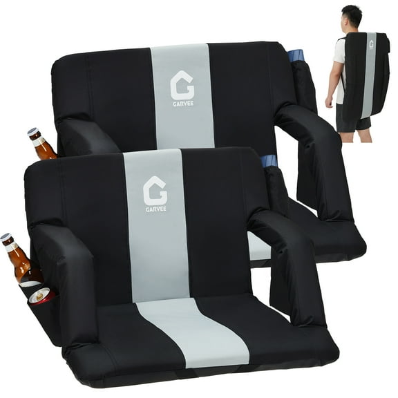2 Pack Reclining Stadium Seats,Extra Wide Bleacher Seat with Back Support & Padded Cushion,6 Adjustable Angles, Large Pockets, Cup Holders & Non-Slip Mat for Football Games & Outdoor Events