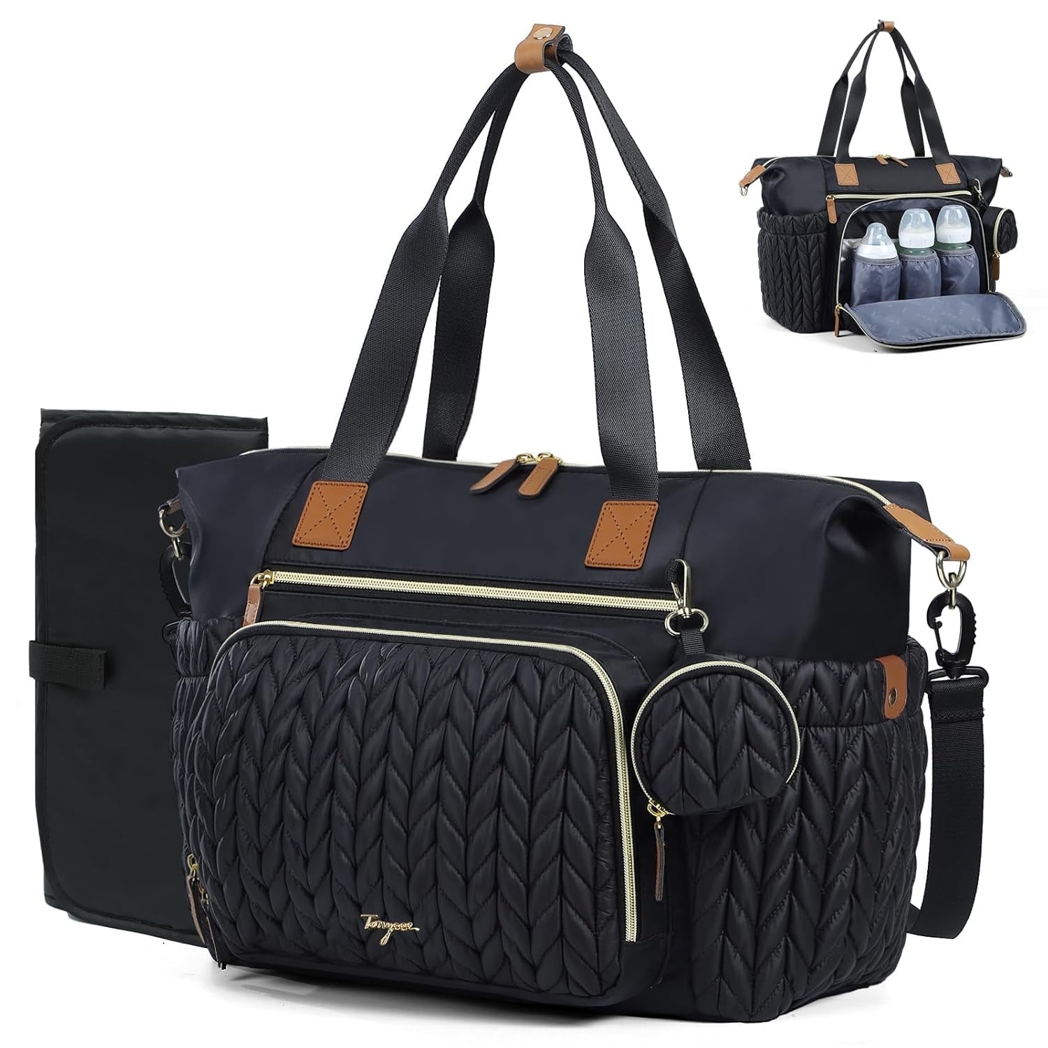 Lekebobor Diaper Bag Tote, Hospital Bag for Labor Delivery Baby Bag for Mom with Pacifier Case & Changing Pad, Travel Diaper Bag, Black
