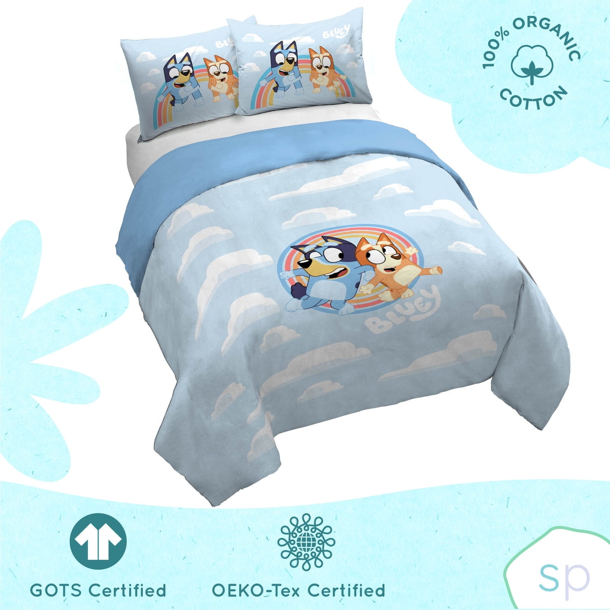 Saturday Park Bluey Rainbow in the Clouds 100% Organic Cotton 2 Piece Twin Duvet Cover & Sham Set