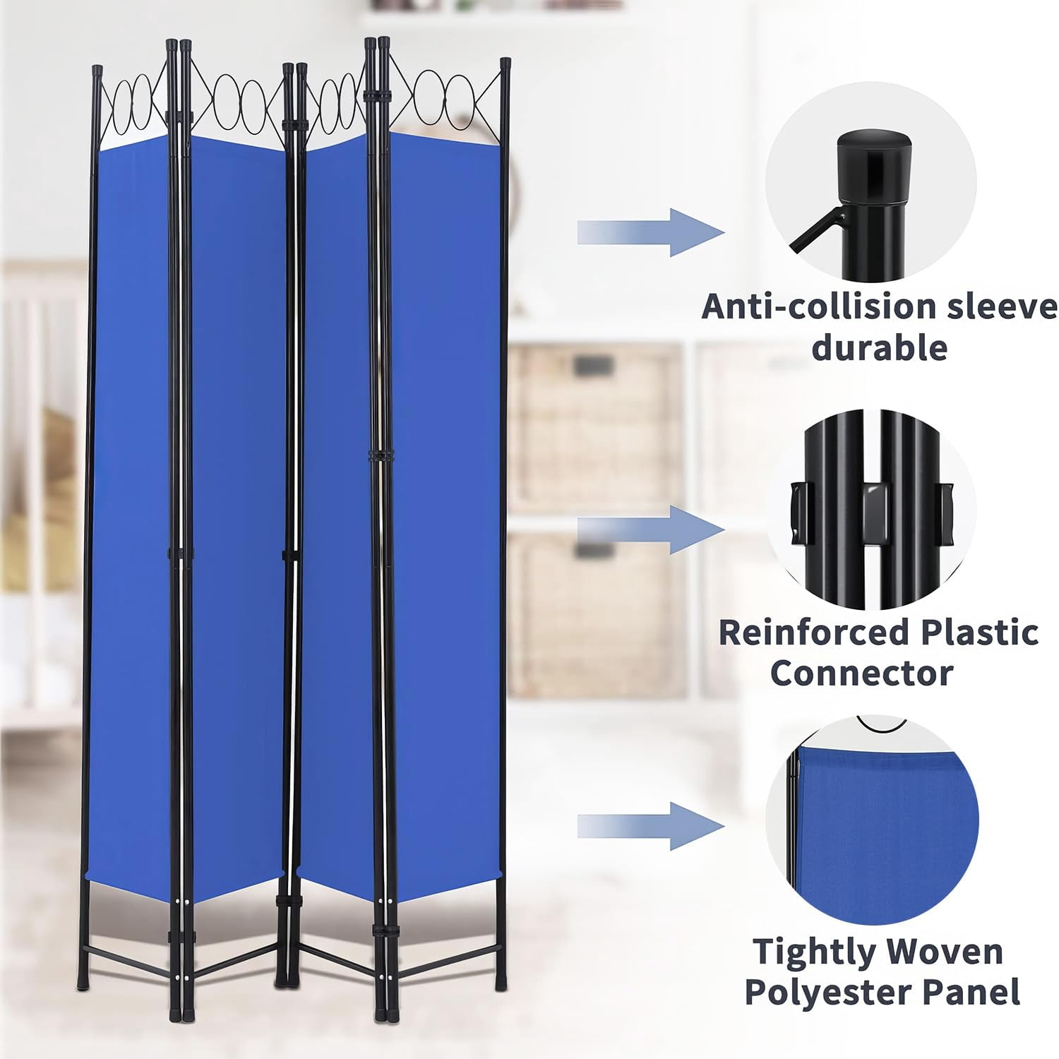 BIQWBIC 4-Panel Room Dividers and Folding Privacy Screens, 6.8 Ft Fabric Partition Screen, Blue