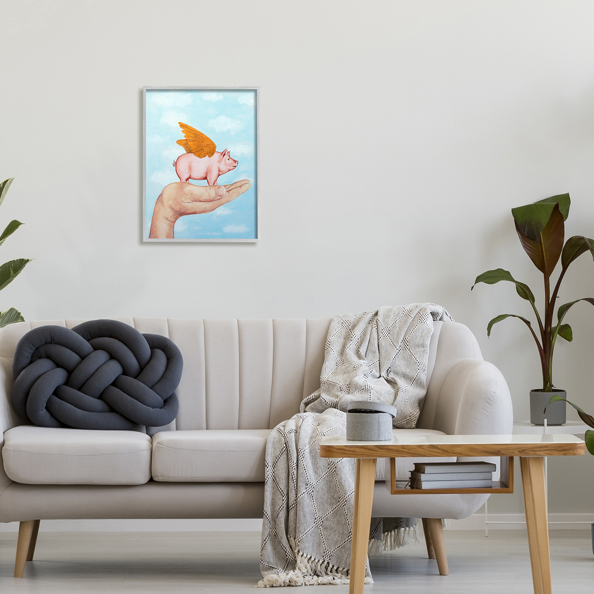Stupell Industries Flying Pig in Palm Wings Fluffy Clouds Illustration, 16 x 20, Design by Coco de Paris