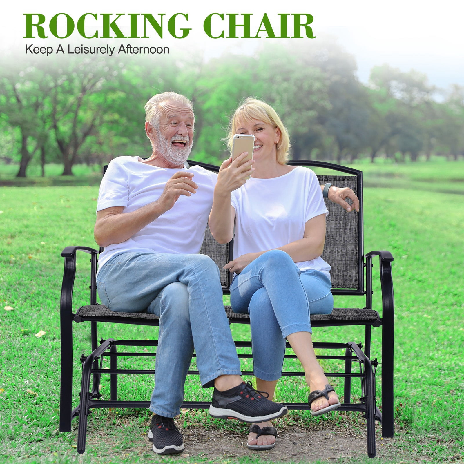 Backyard Expressions 2-Person Outdoor Glider Bench, Patio Double Swing Rocking Chair Loveseat w/Powder Coated Steel Frame for Backyard Garden Porch, Black Frame - Heathered Grey Sling Fabric