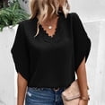 thumbnail image 2 of Women V Neck Lace Blouse Short Sleeved Comfortable Breathable Short Sleeve T Shirt Top Black L, 2 of 5