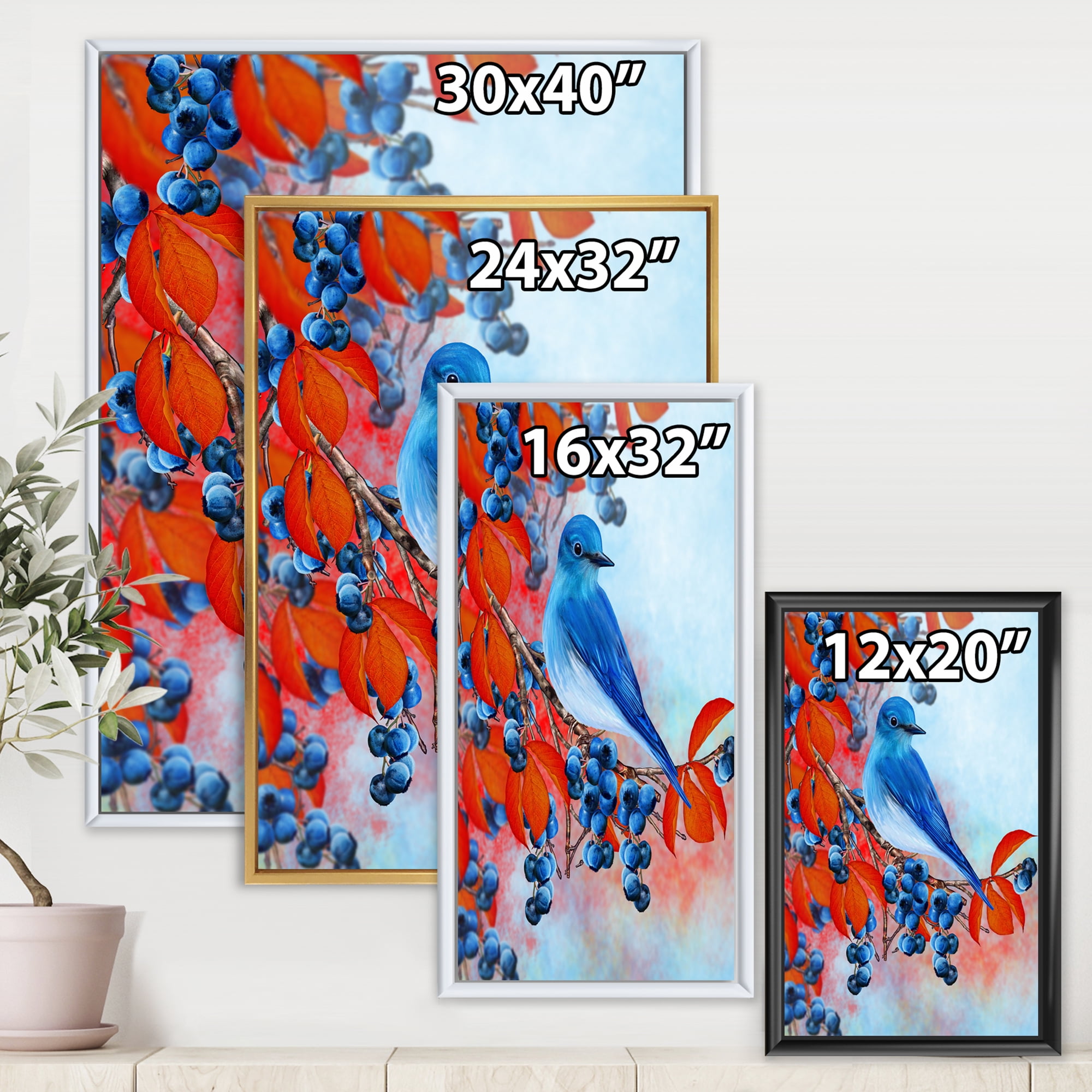 Designart 'Bright Bird Bullfinch Sitting On A Branch of Berries III' Traditional Framed Canvas Wall Art Print