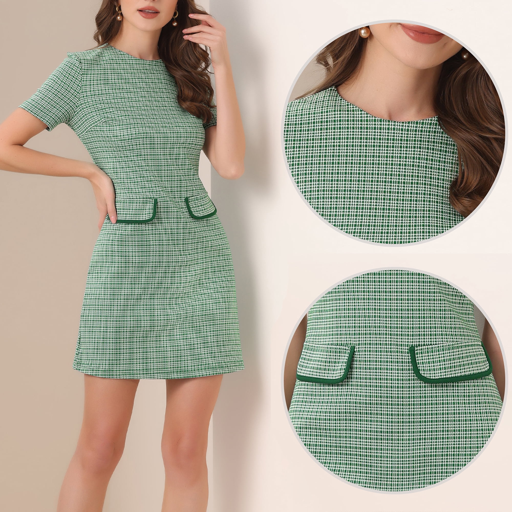 DARING DIVA Women's Dress Short Sleeve Vintage Houndstooth Dresses M Green