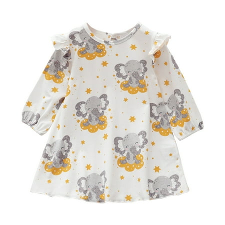 

NZRVAWS 4T Toddler Baby Girls Dress Elephant Print Ruffle Sleeve Round Neck Long Sleeve Dress 1Pcs Sun Dress 4-5T White