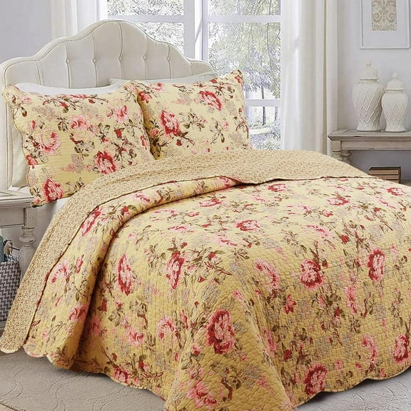 Bright Floral Blooms Country Garden 3-Piece Scalloped Pink Khaki Cotton King Quilt Bedding Set