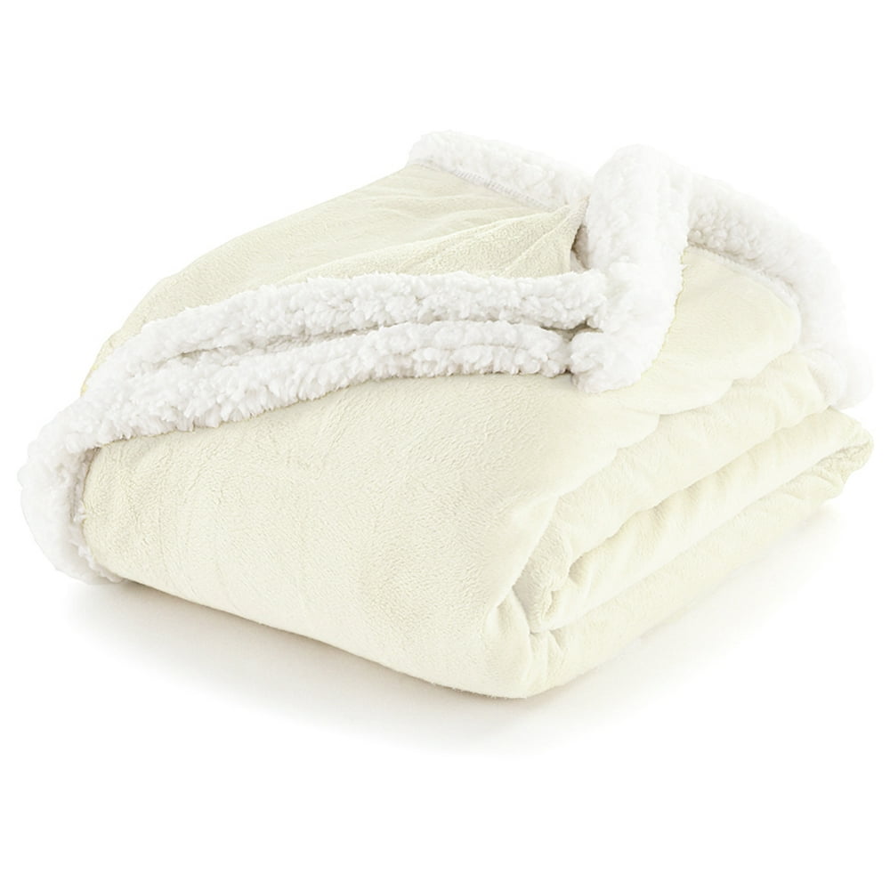Ivory Cream and White Sherpa Plush Fleece Throw Blanket Reversible, 50