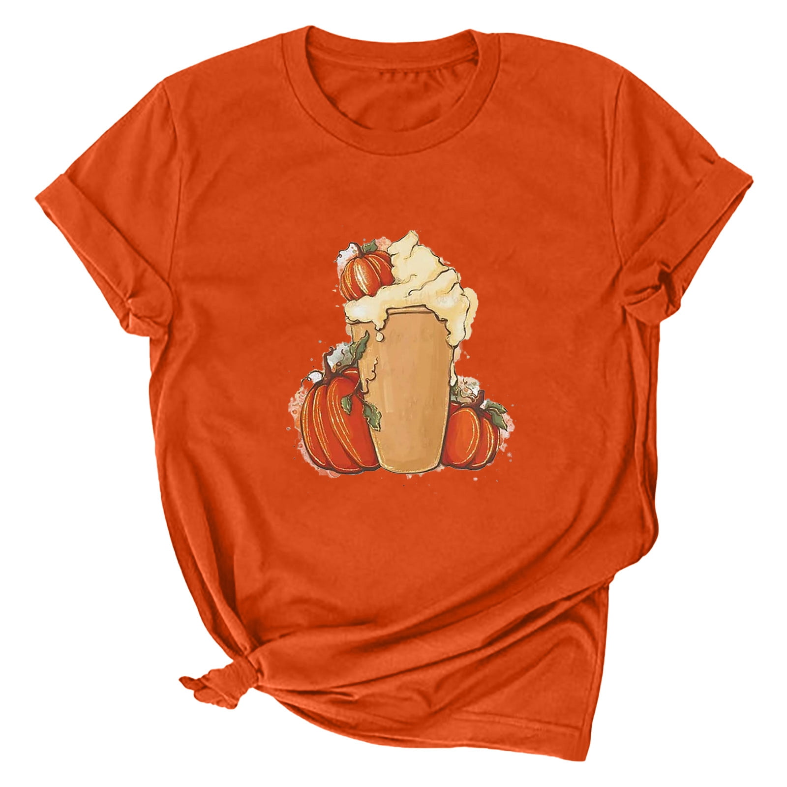 Women's Pumpkins and Drinks Print T-shirts 2022 Fall Fashion Crew Neck