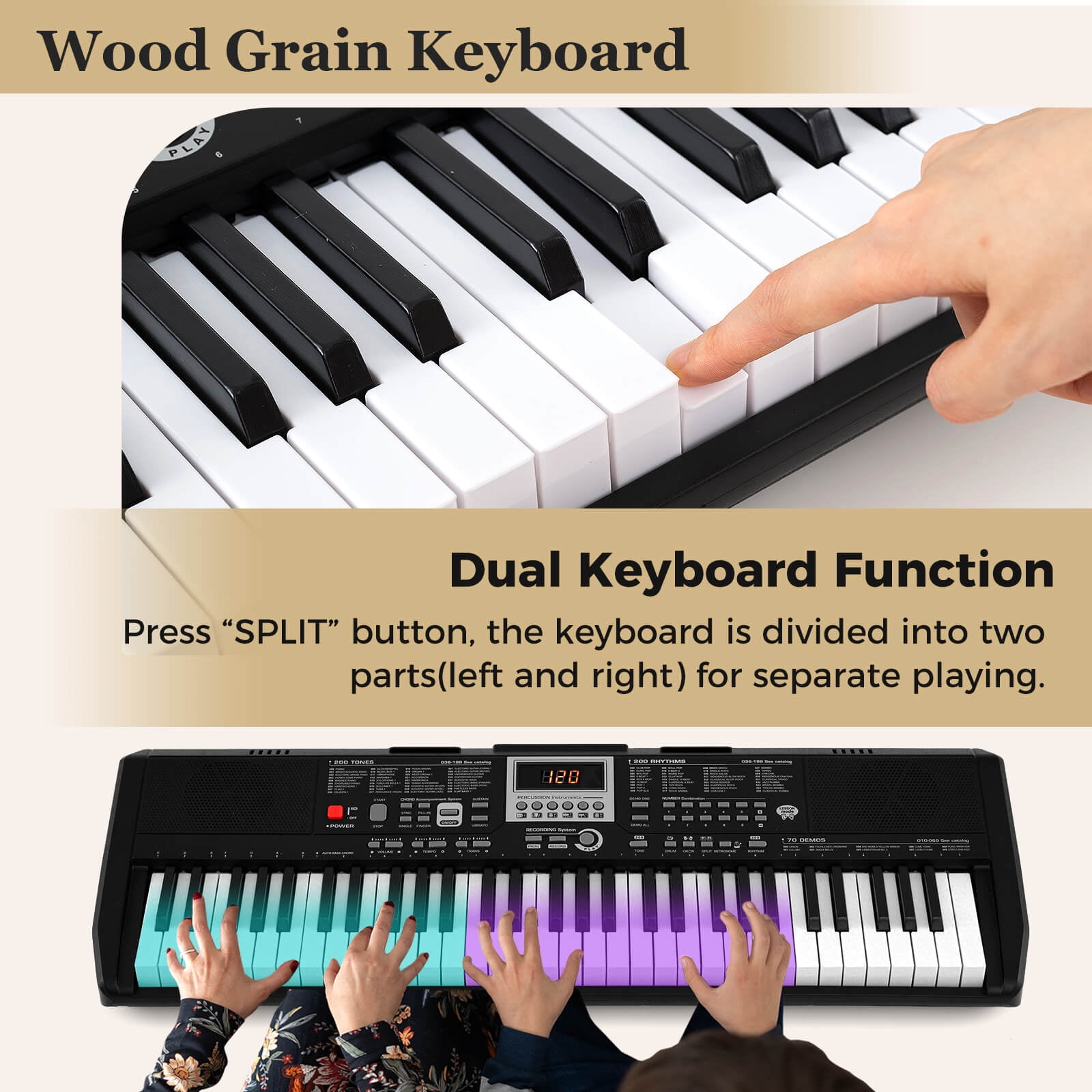 Costway 61 Keys Portable Keyboard with 200 Rhythms 200 Tones 70 Demos Note Sticker, Black