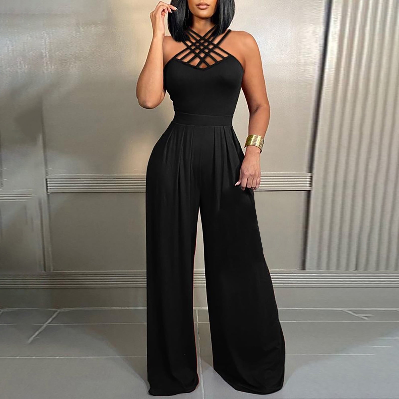 Sexy Wide Leg Jumpsuit, Solid Color Multi Strap, Comfortable