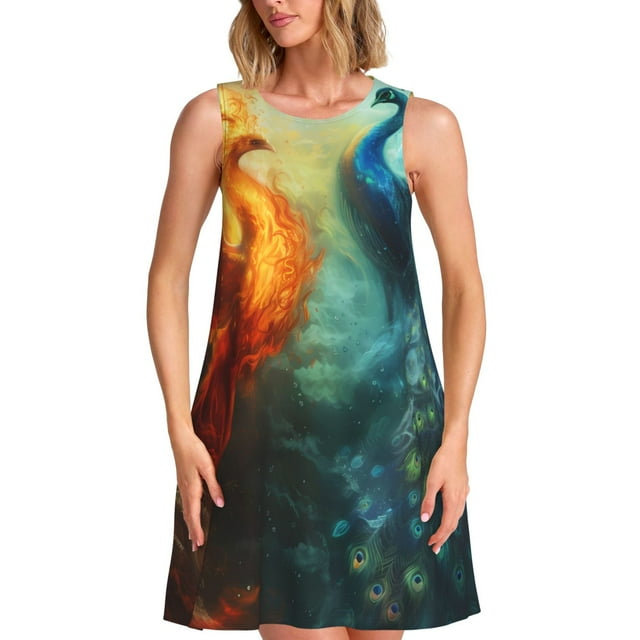 Fotbe Red And Blue Fire Peacock Vestido de Verano sin Mangas para Mujer – Vestido Midi Línea A, Estilo Camiseta Floral, Vestido Playero Casual y Fluido