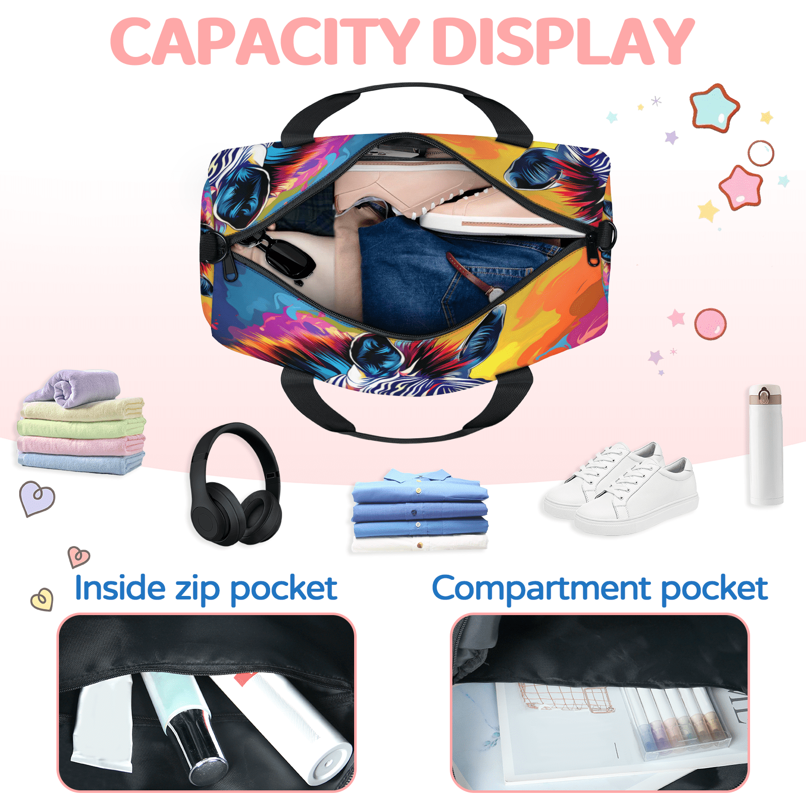 Herdesigns Colorful Zebra Gym Bag for Women, Duffle Bag for Travel Sport, Lightweight Waterproof Carry on Weekender Overnight Dance Yoga Workout Bags