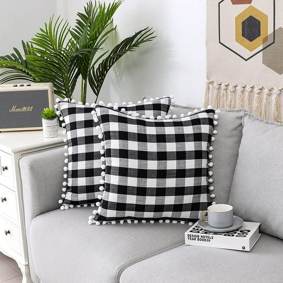 Bohogeo Check Pom Throw Pillow Covers for Couch, farmhouse Plaid Pillow Cases for Living room sofa, 18 x 18 Inches, Black and White,Set of 2
