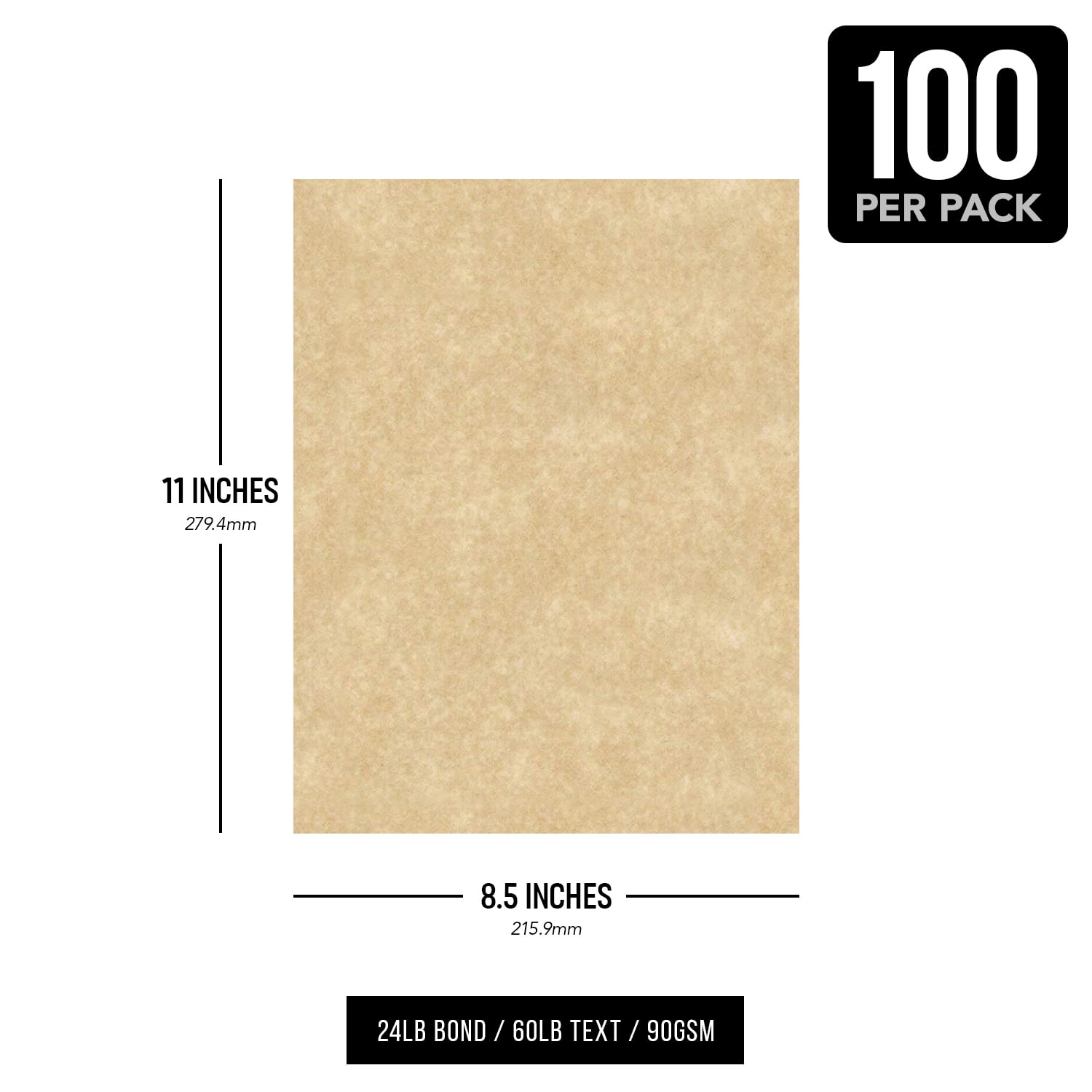 Aged Stationery Imitation Parchment Colored Regular Paper for Writing, Printing, Copy | 24lb Bond, 60lb Text (90GSM) | 8.5 x 11" | 100 Sheets per Pack