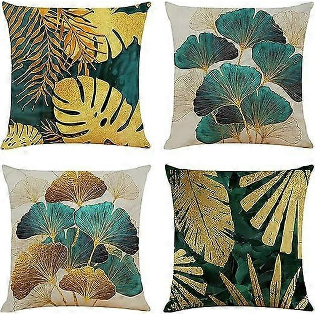 Juego de 4 fundas de cojín de 45 x 45 con hojas en verde azulado y dorado, cojines de lino para sofá de 18 x 18, fundas de almohada de lujo para sala de estar