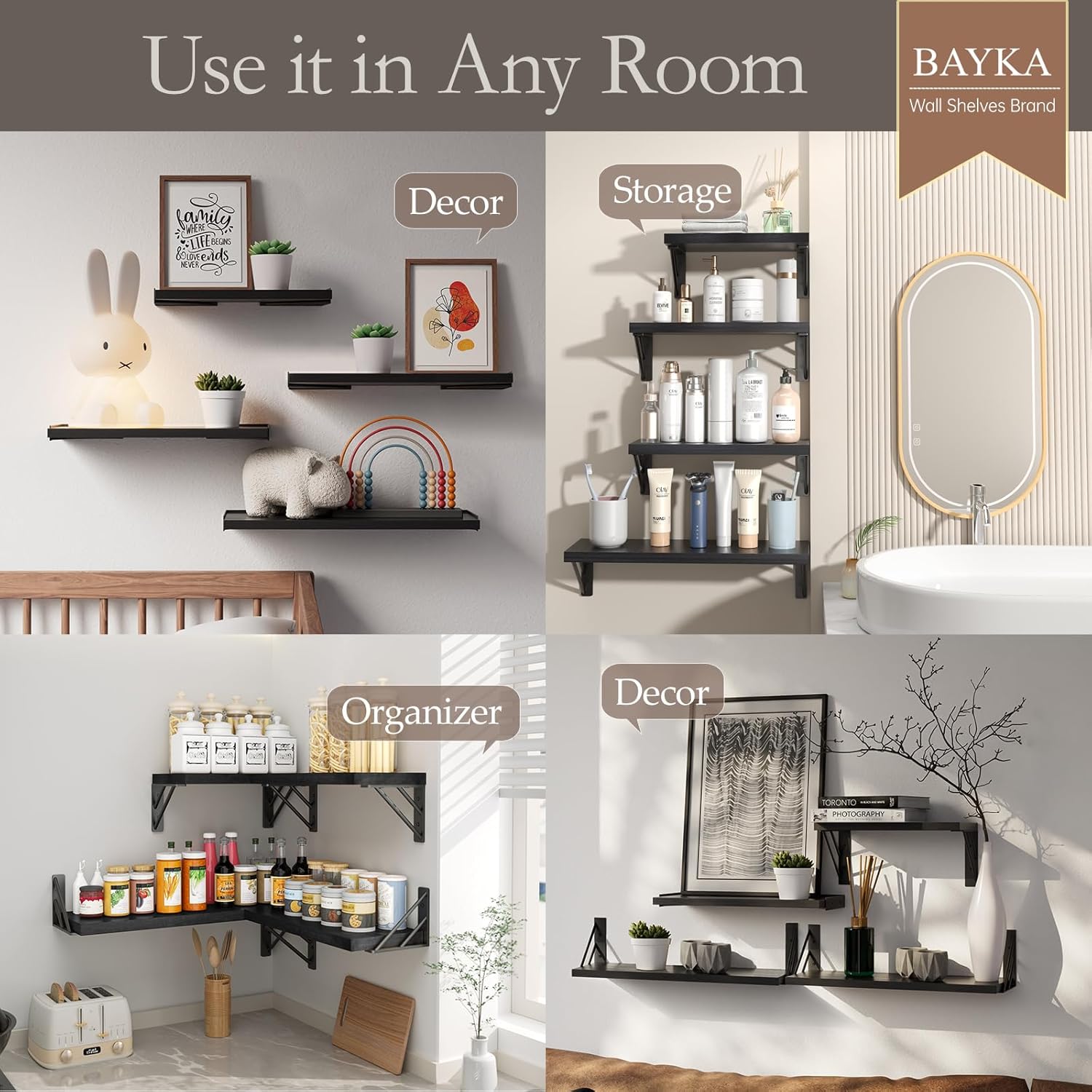 BAYKA Wall Shelves for Bedroom Decor, Floating Shelves for Wall Storage, Display Mounted Rustic Wood Shelf for Books,Plants,Corner Shelves for Bathroom,Kitchen,Living Room(Set of 4)