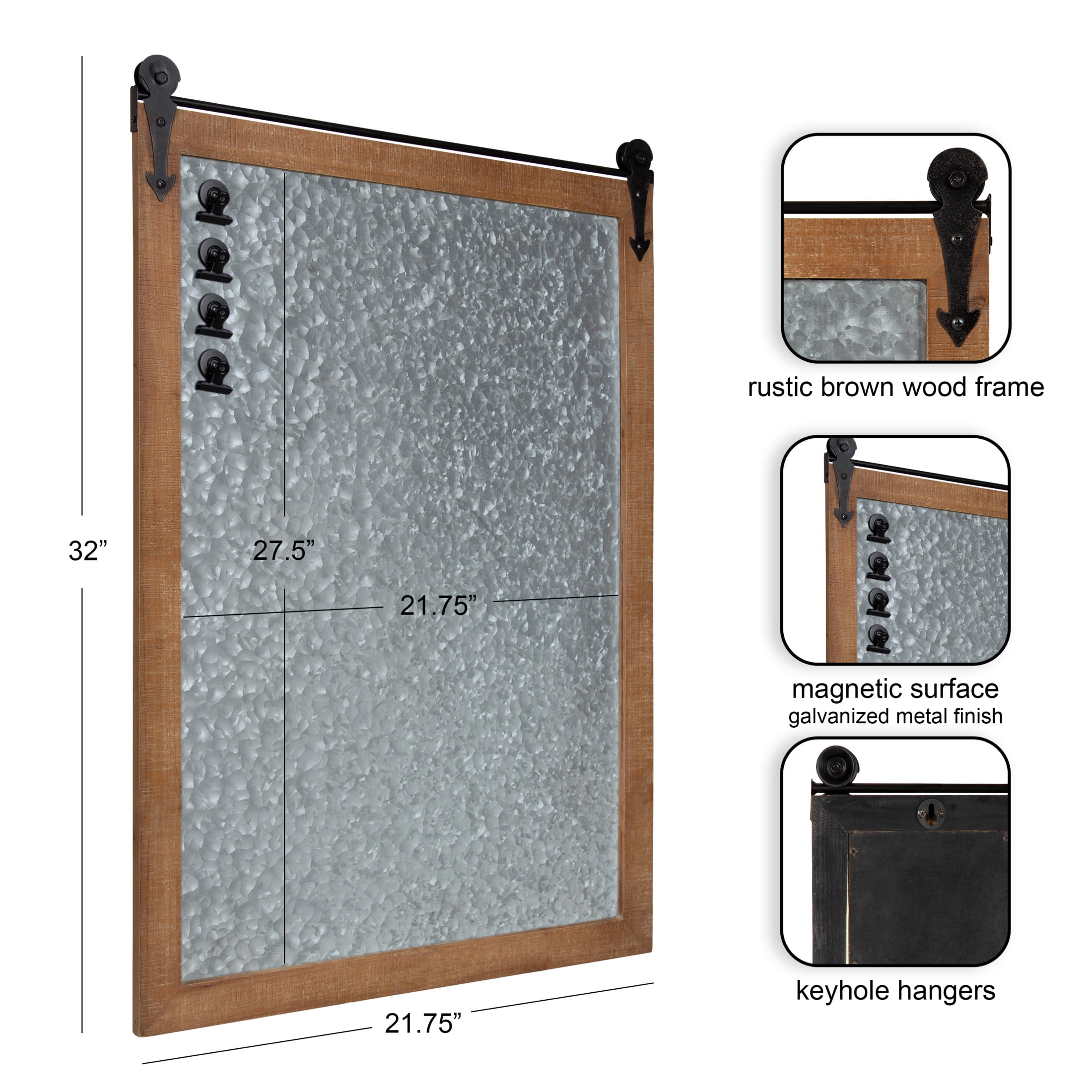 Kate and Laurel Cates Barn Door Galvanized Metal Magnetic Memo Board, 22 x 32, Rustic Brown, Rectangular Modern Farmhouse Vision Board with Four Included Magnets