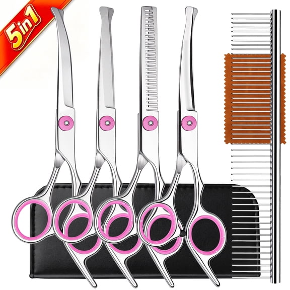 DSOOLO Grooming Scissors Kit for Dogs Cats 5 in 1 Professional Pet Grooming Shear with Safety Round Tips,Pink