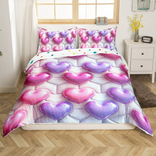 Erosebridal Housse de Couette Girly à Imprimé 3D Cœur d'Amour Simple, Ensembles de Literie Rose Violet Rêveur Taille Simple, Réversible 2 Pcs (Sans Couette)