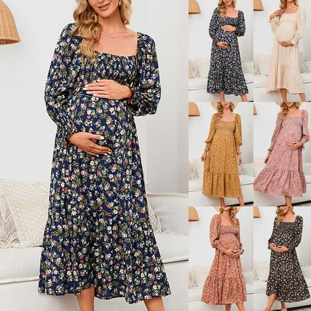 Jinhomg Boho Floral Pregnancy Dress for Women Lightweight Casual Chiffon Maxi Dress Comfy Long Puff Sleeve Square Neck Maternity Dresses for Baby Shower 90% off Clearance Sale Black XXL