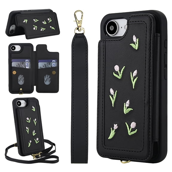 for iPhone 16e Floral Pattern Wallet Case, Magnetic Snap PU Leather Credit Card Holder Stand Wrist Shoulder Strap Flip Cover, for iPhone 16e Protective Case for Girls Women, Black