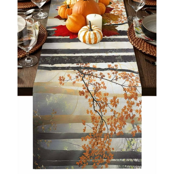 Fall Forests Tree Table Runner-Cotton Linen- 90 Inch Holiday Dresser Scarves, Orange Autumn Maple Leaves Sunlight Plant Tablerunner for Kitchen Coffee/Dining Living Room Dinner Scarf Décor 13x90