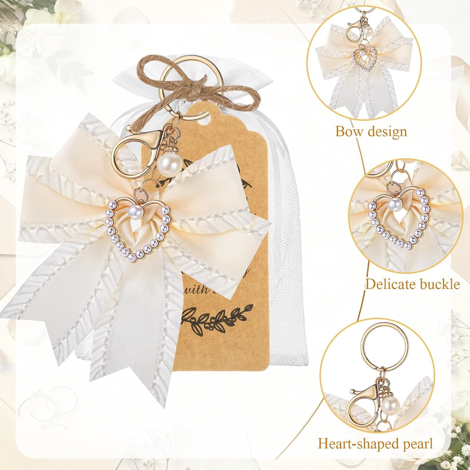 20 Set Pearl Bow Keychain Party Favor Bulk Steel Keyring Charm Accessories Souvenir Present Kraft Tag Organza Bag for Guest Baptism Bridal Shower Valentine Coquette Wedding Gift(White)