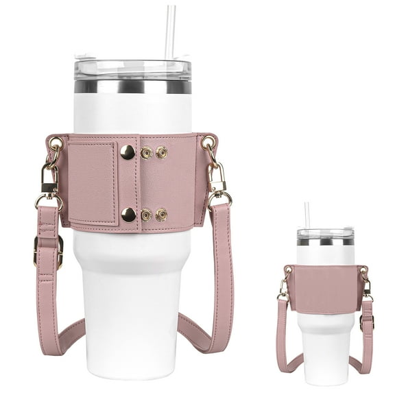 Linkidea Water Bottle Holder with Strap Compatible with Stanley Quencher H2.0 30oz/40oz, Simple Modern 40oz Tumbler, Vegan Leather Waterbottle Bag Holder, Shoulder Strap with Keyring, Pink